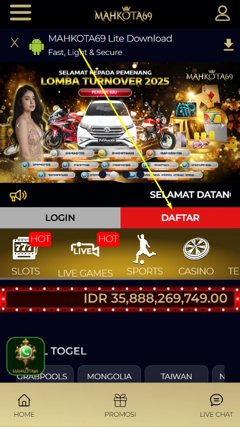 Contoh tampilan tombol daftar di situs utama Mahkota69