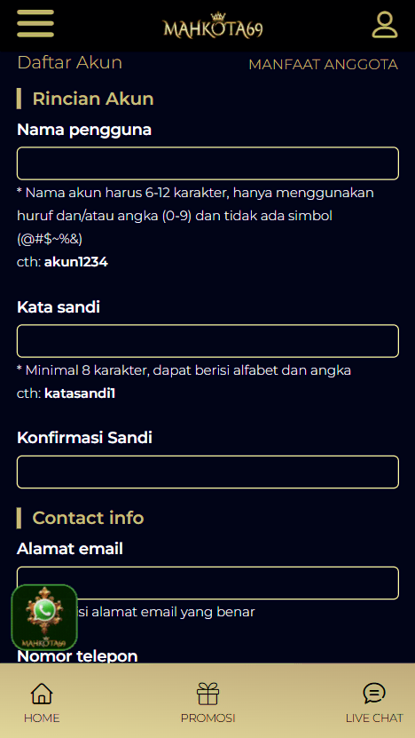 Contoh tampilan formulir pendaftaran Mahkota69